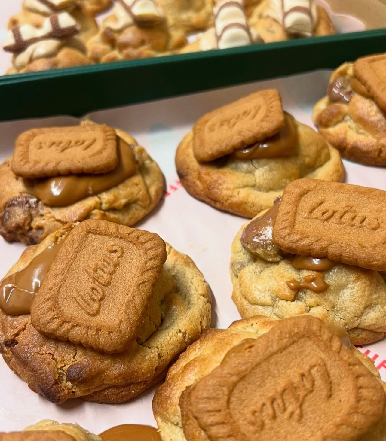 Biscoff Bomb stuffed cookie with molten Biscoff sauce and biscuit pieces