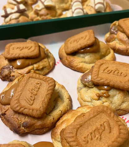 Biscoff Bomb stuffed cookie with molten Biscoff sauce and biscuit pieces